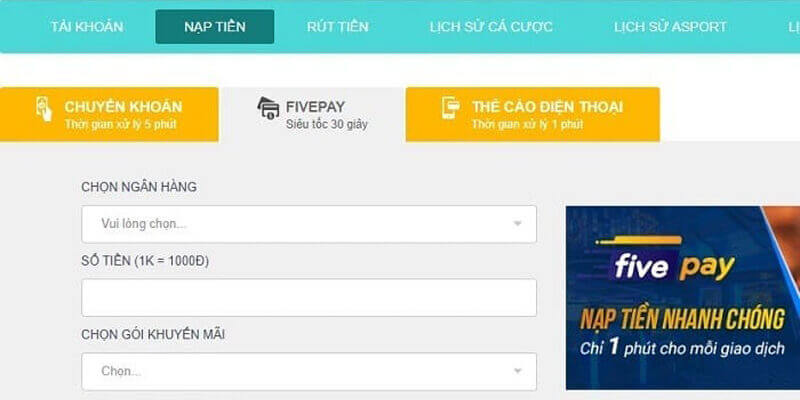 Ưu đãi tặng nạp rút ngập tràn Five88