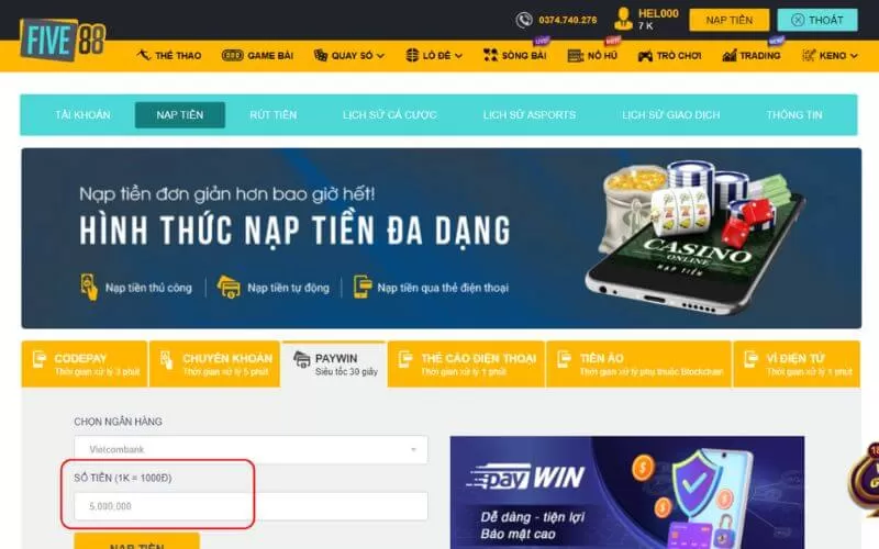 nạp tiền five88