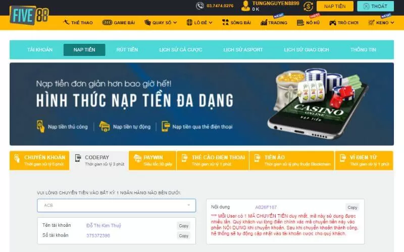 nạp rút tiền five88